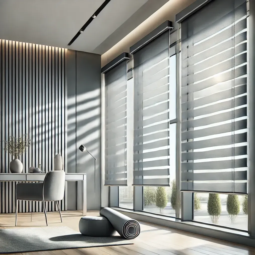 Modern living room with large windows, striped blinds, dining table, and rolled yoga mat on the floor