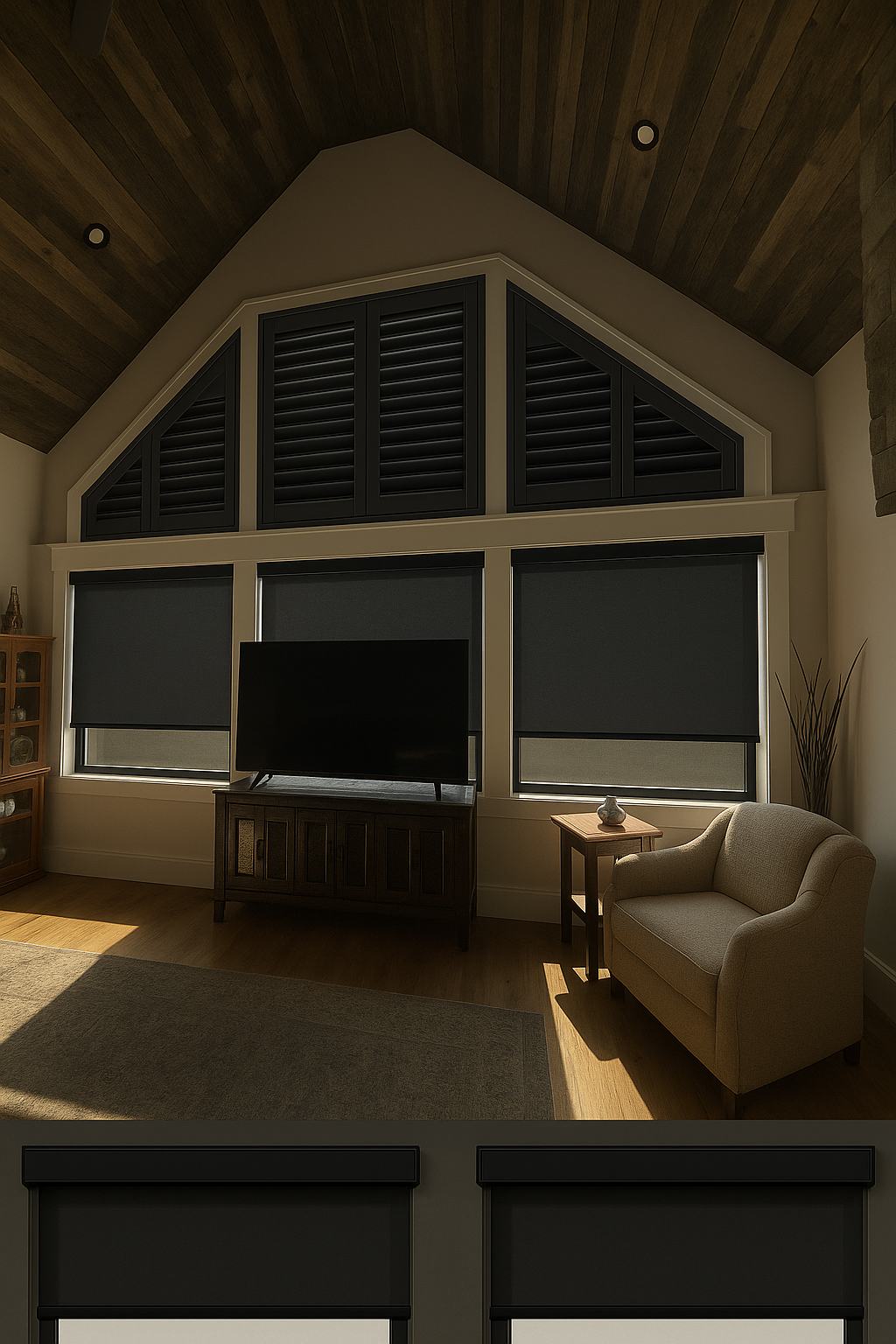 Cozy living room with vaulted wood ceiling, large windows, TV, and beige armchair