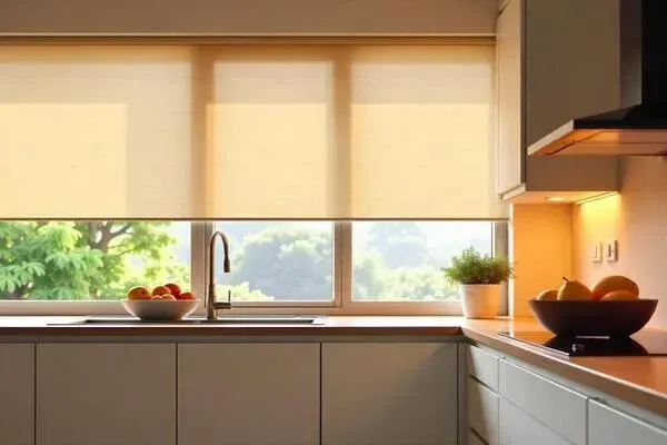 Bright modern kitchen with sunlit window, white cabinets, and bowls on the counter