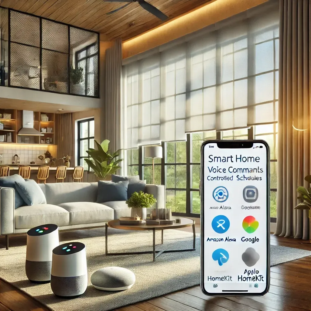 Modern smart home living room with voice assistant devices and a phone showing connected apps