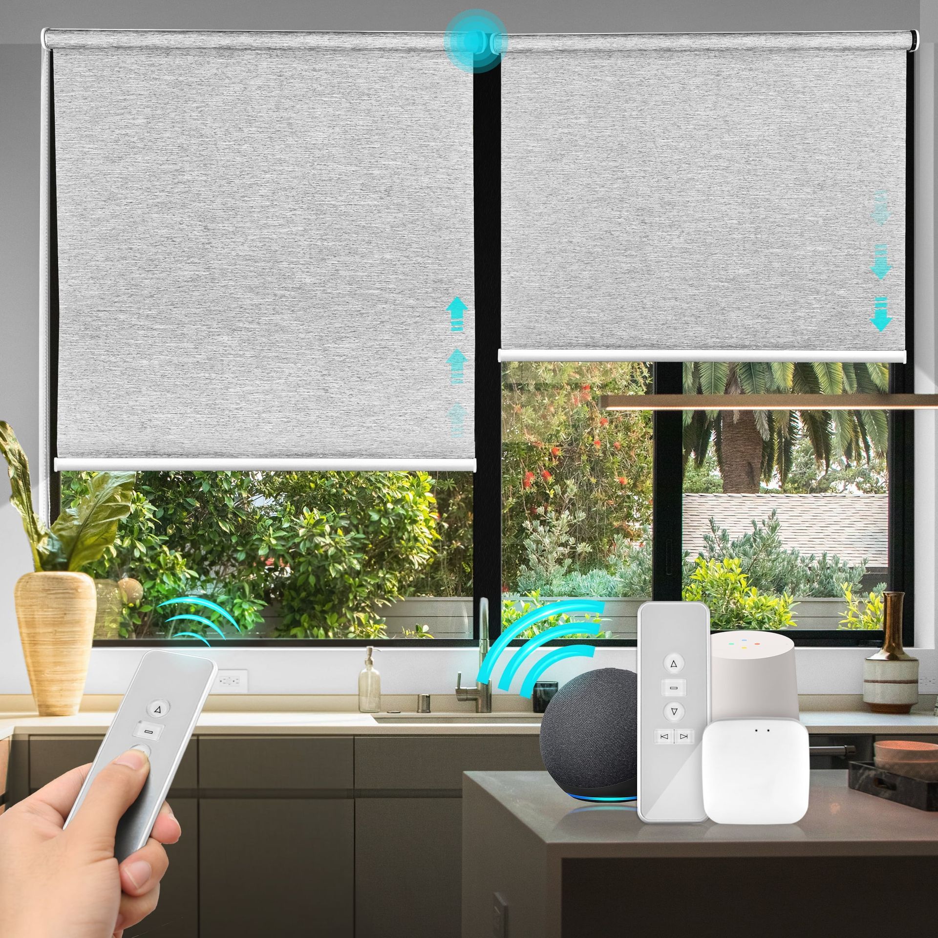 Person using a remote to control automated window blinds in a bright kitchen.
