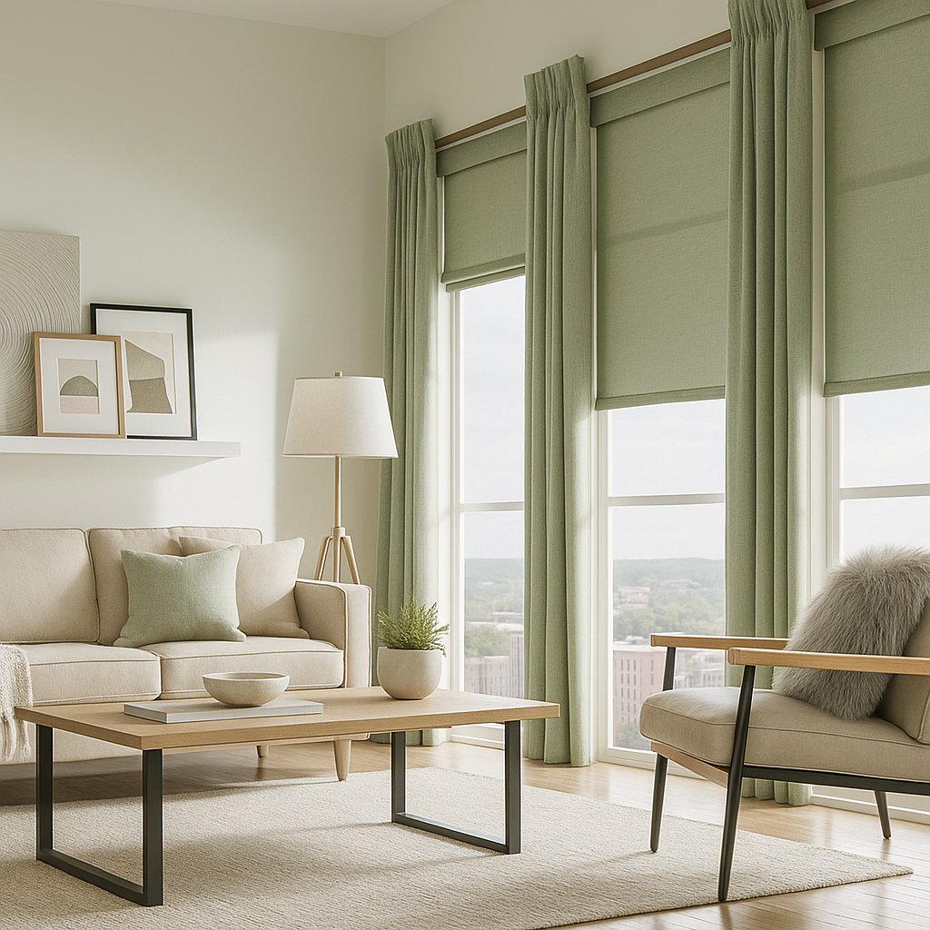 Bright living room with beige sofa, wooden coffee table, floor lamp, and green curtains by a large window