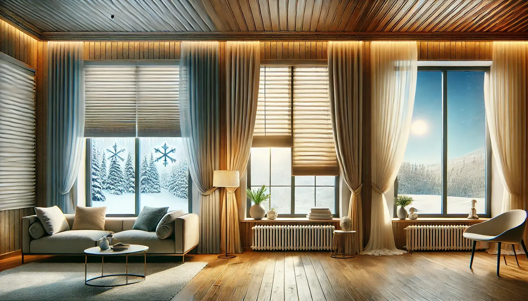 Cozy sunlit living room with wooden ceiling, large windows, curtains, sofas, and a central coffee table