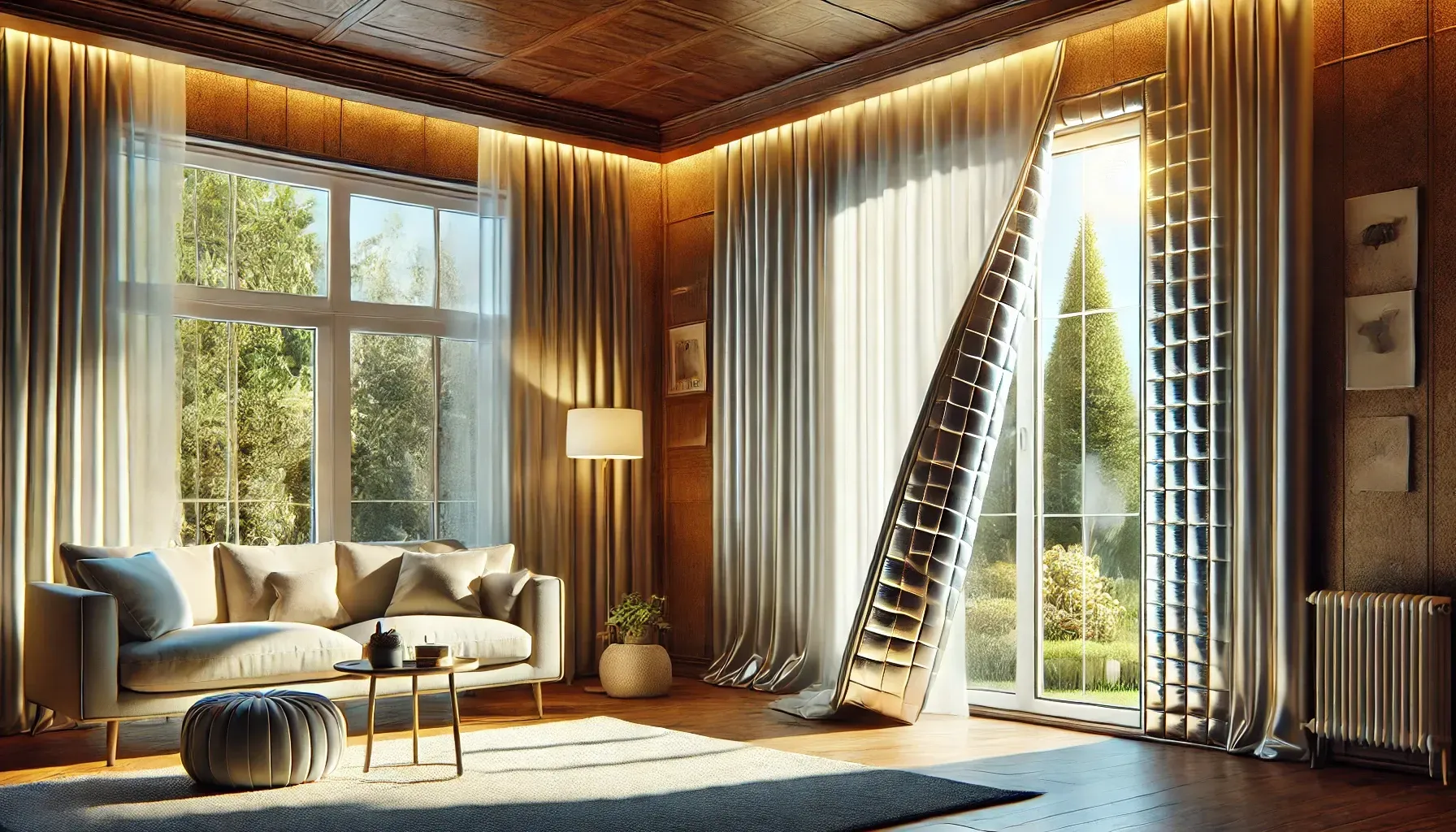 Sunlit modern living room with sofa, lamp, sheer curtains, and a ladder leaning by the glass doors