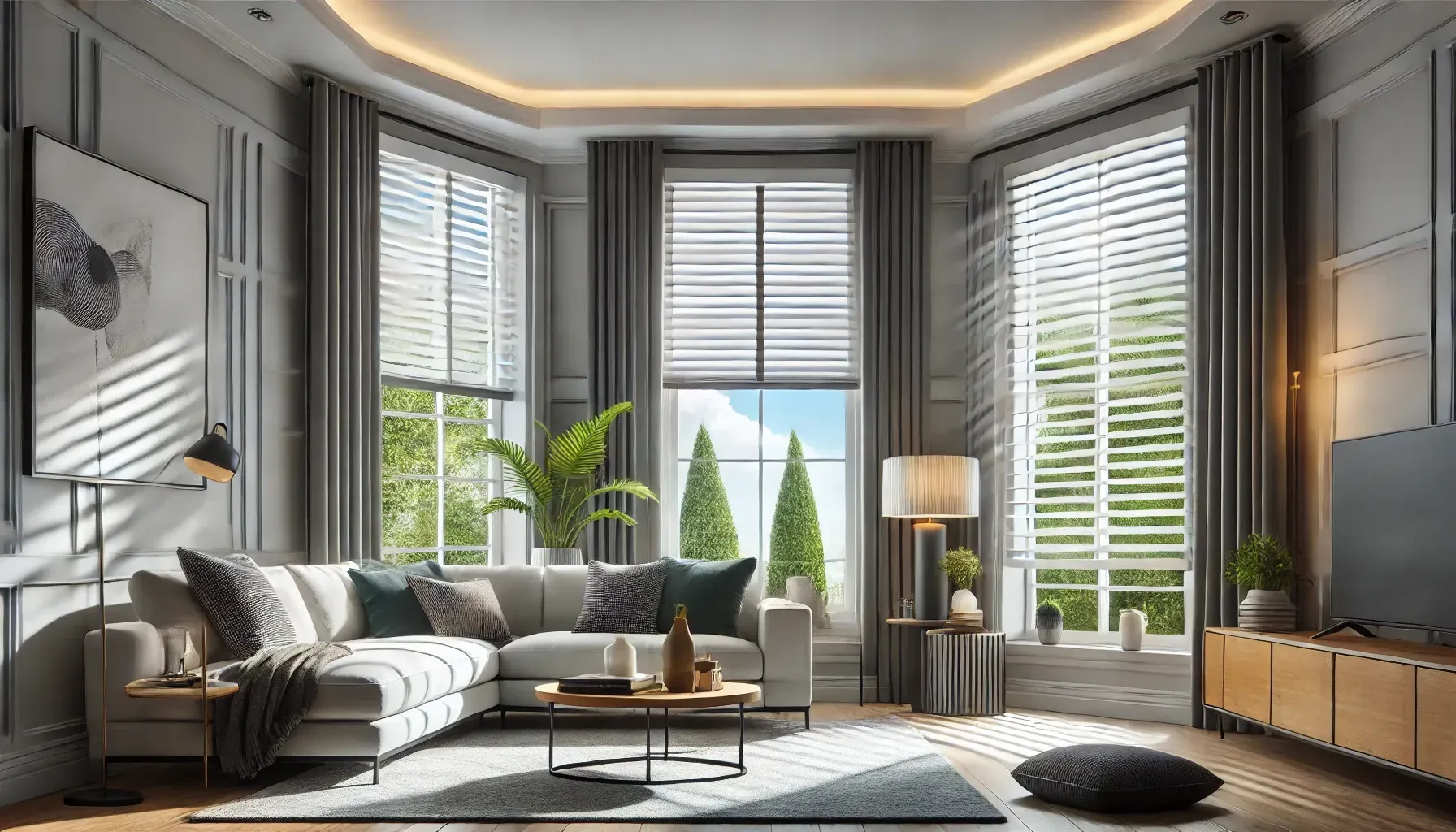 Elegant gray living room with large windows, sofa, armchairs, coffee table, and soft natural light