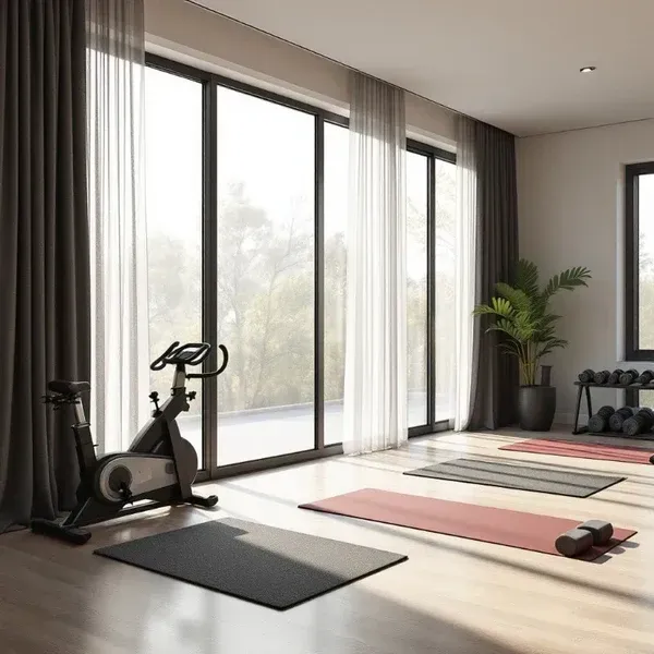 Modern home gym with exercise bike, yoga mats, dumbbells, and large windows overlooking greenery