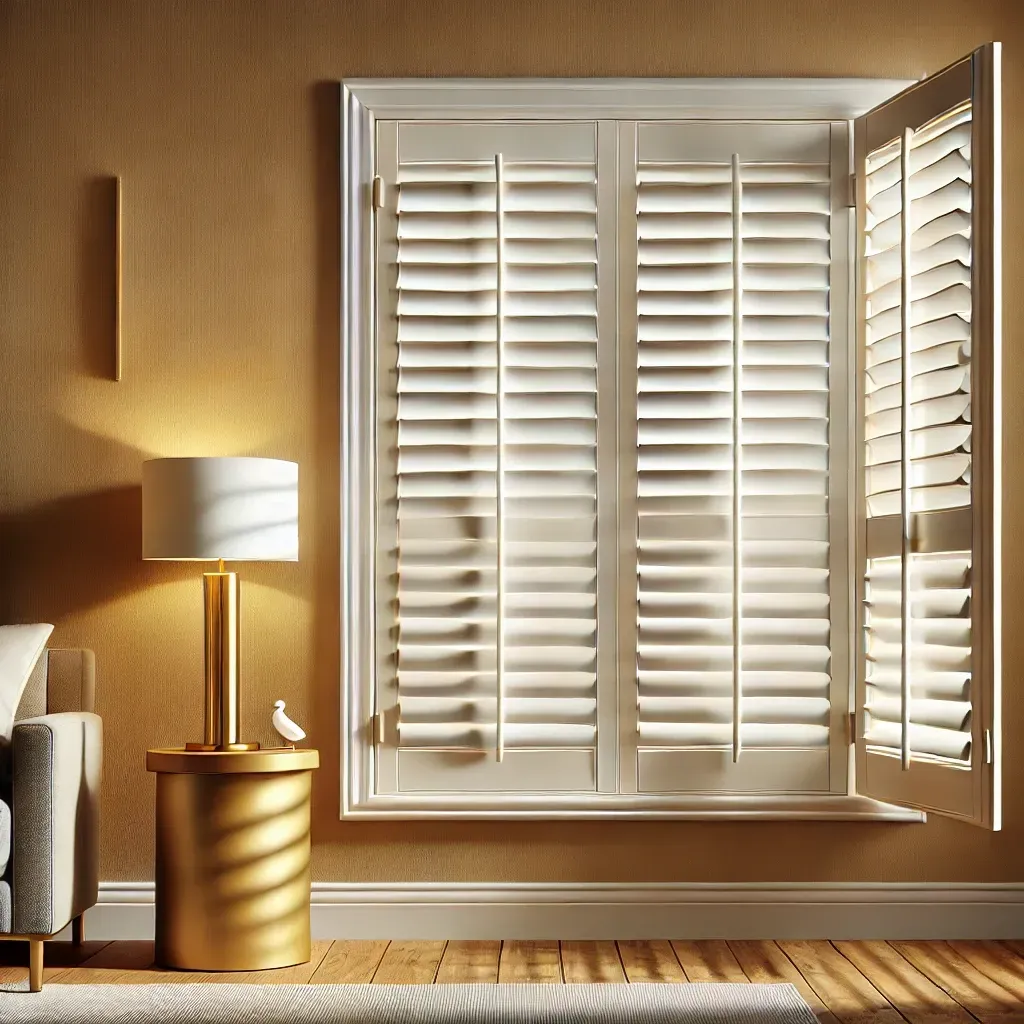 Cozy room with a lit lamp beside a bed and a white shuttered window with one open panel.