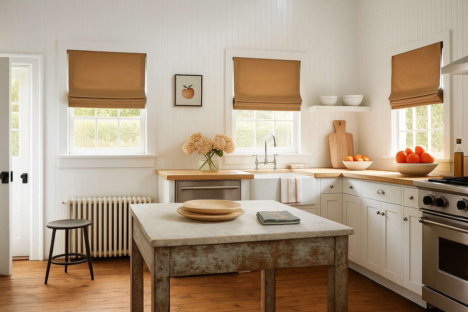 Bright kitchen with wooden island, beige blinds, white cabinets, and fruit on the counter