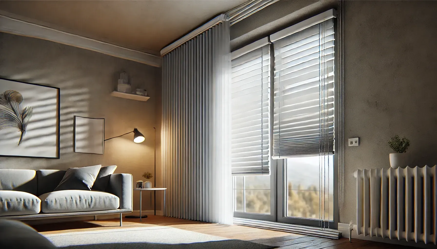 Modern bedroom with a gray bed, floor lamp, window blinds, curtains, and sunlight streaming in