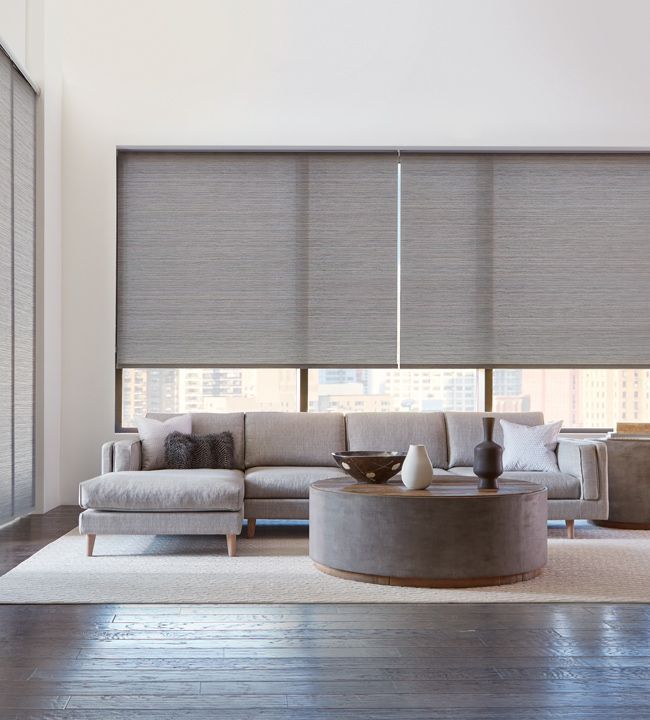 Modern living room with a gray sectional, round coffee table, and large window shades