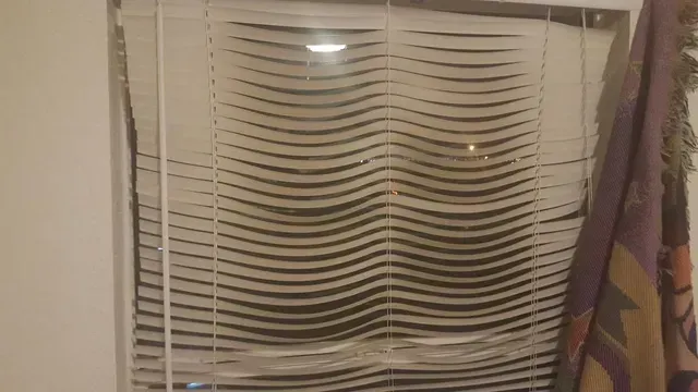 White window blinds with wavy slats partially open in a room, framed by curtains