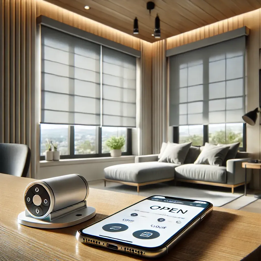 Modern living room with smart home devices on a table and large windows with city view