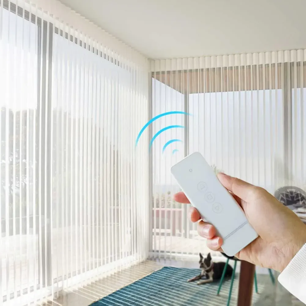 Hand holding a remote control in a bright room with vertical blinds and a cat on the rug