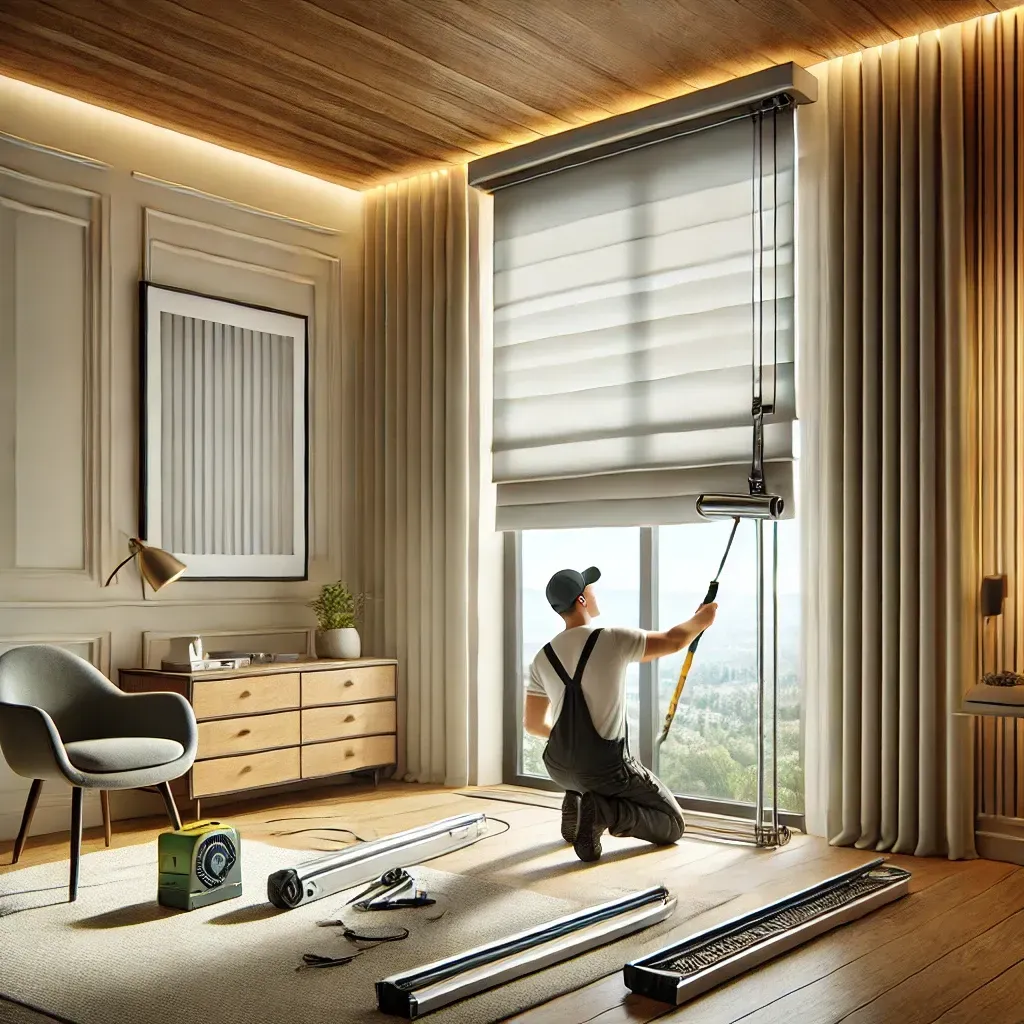 Technician installing a window shade in a bright, modern bedroom with tools on the floor
