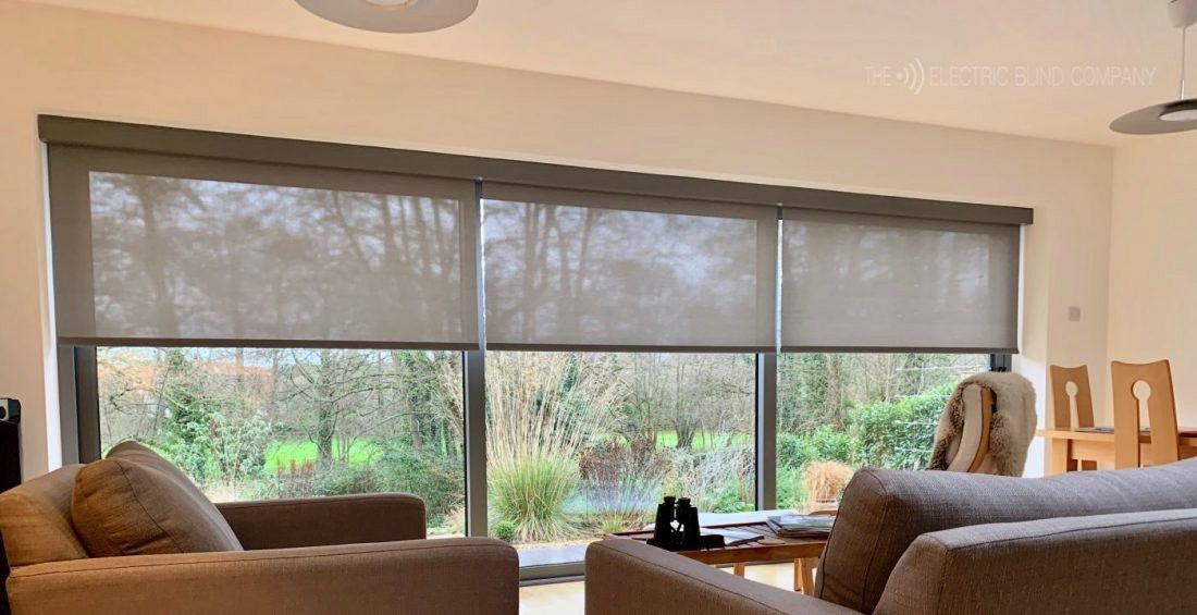 Living room with large windows, beige sofas, and a view of trees outside