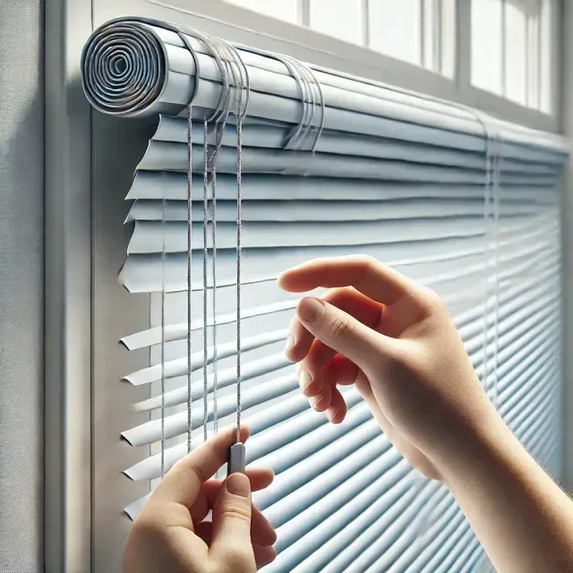 Hands adjusting white window blinds beside a bright window