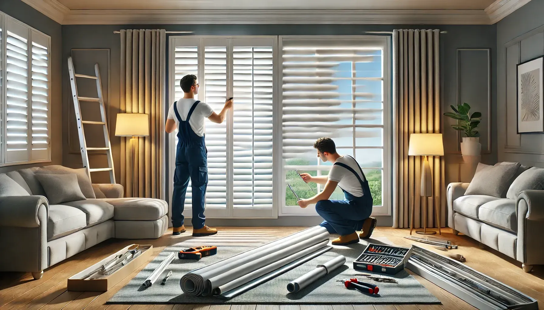 Two people assembling furniture in a bright living room with sofa, tools, and window shutters open