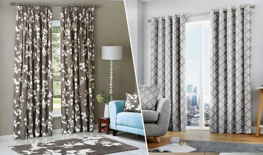 Two living rooms with patterned curtains in gray and brown, one with sheer panels filtering daylight