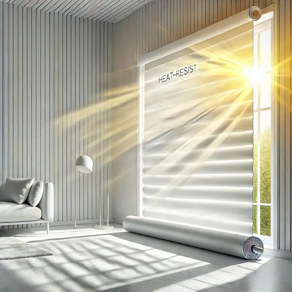 Bright white modern living room with sunlight streaming through sheer blinds onto a sofa and floor lamp.