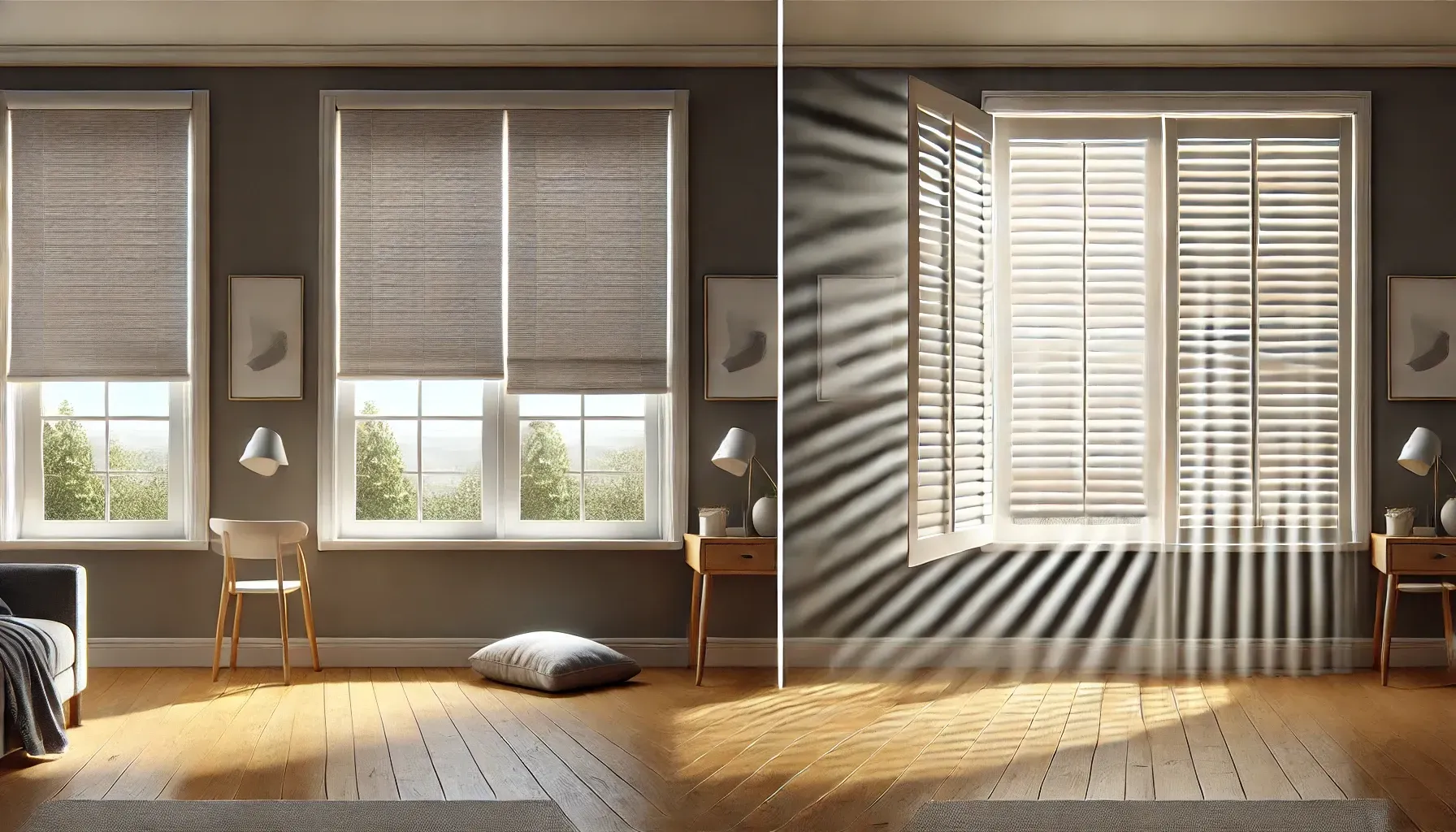 Sunlit room with window blinds: one side closed, one side open casting striped shadows on the floor.