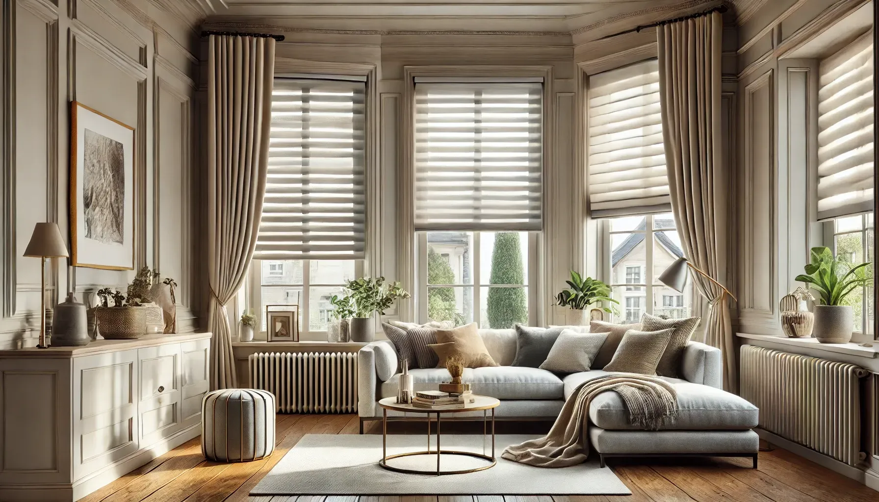 Cozy sunlit living room with bay windows, gray sofa, armchairs, plants, and neutral decor