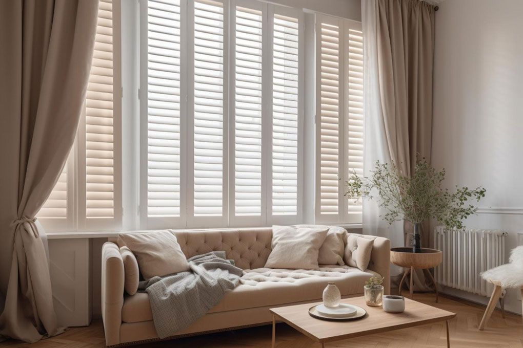 Cozy beige living room with large windows, curtains, sofa, coffee table, and potted plants