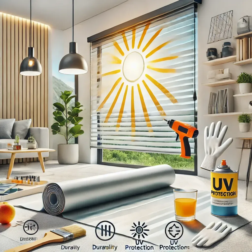 Sunlit living room with a window blind, paint roller, tools, and UV protection icon on a tabletop