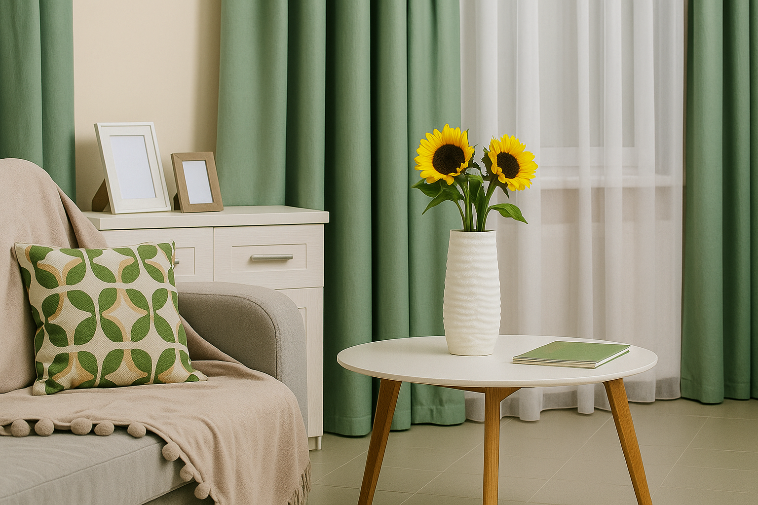 Cozy living room with green curtains, beige sofa, white side table, and sunflowers in a vase