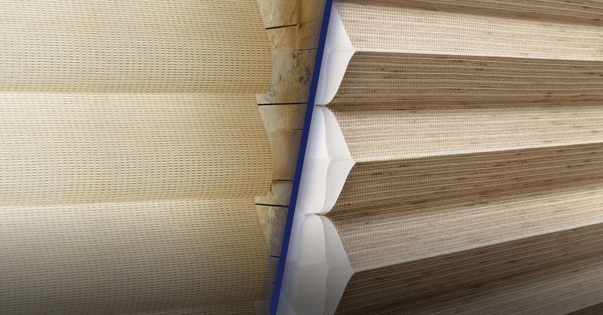 Close-up of beige and brown pleated blinds with a blue strip between them
