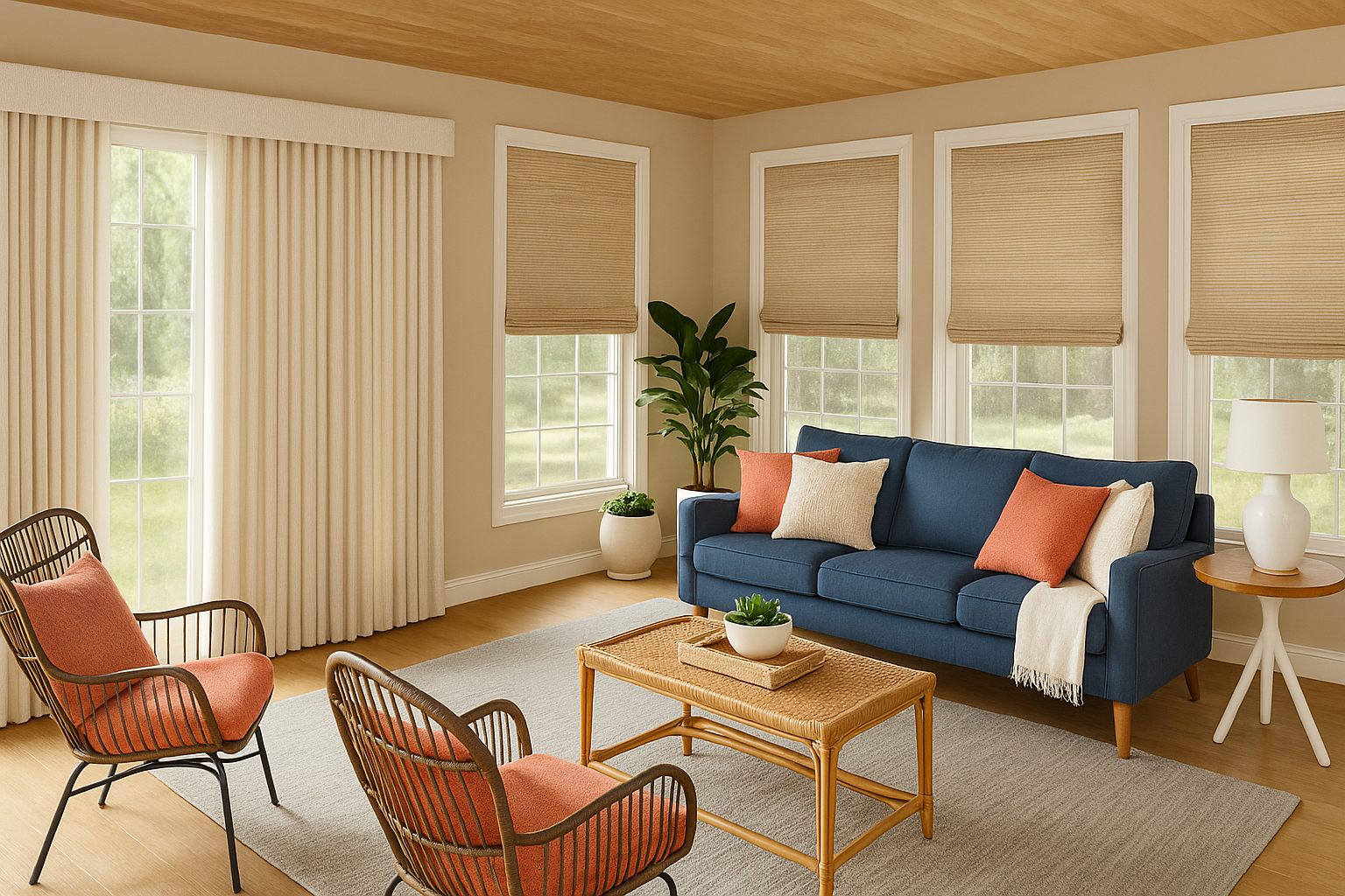 Bright living room with blue sofa, woven chairs, beige curtains, and warm natural light