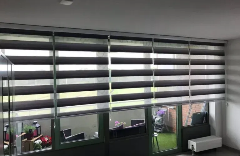 Living room window with black-and-white striped blinds partially open to a small balcony/garden