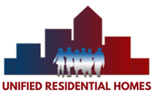 The logo for united residential homes shows a group of people standing in front of a building