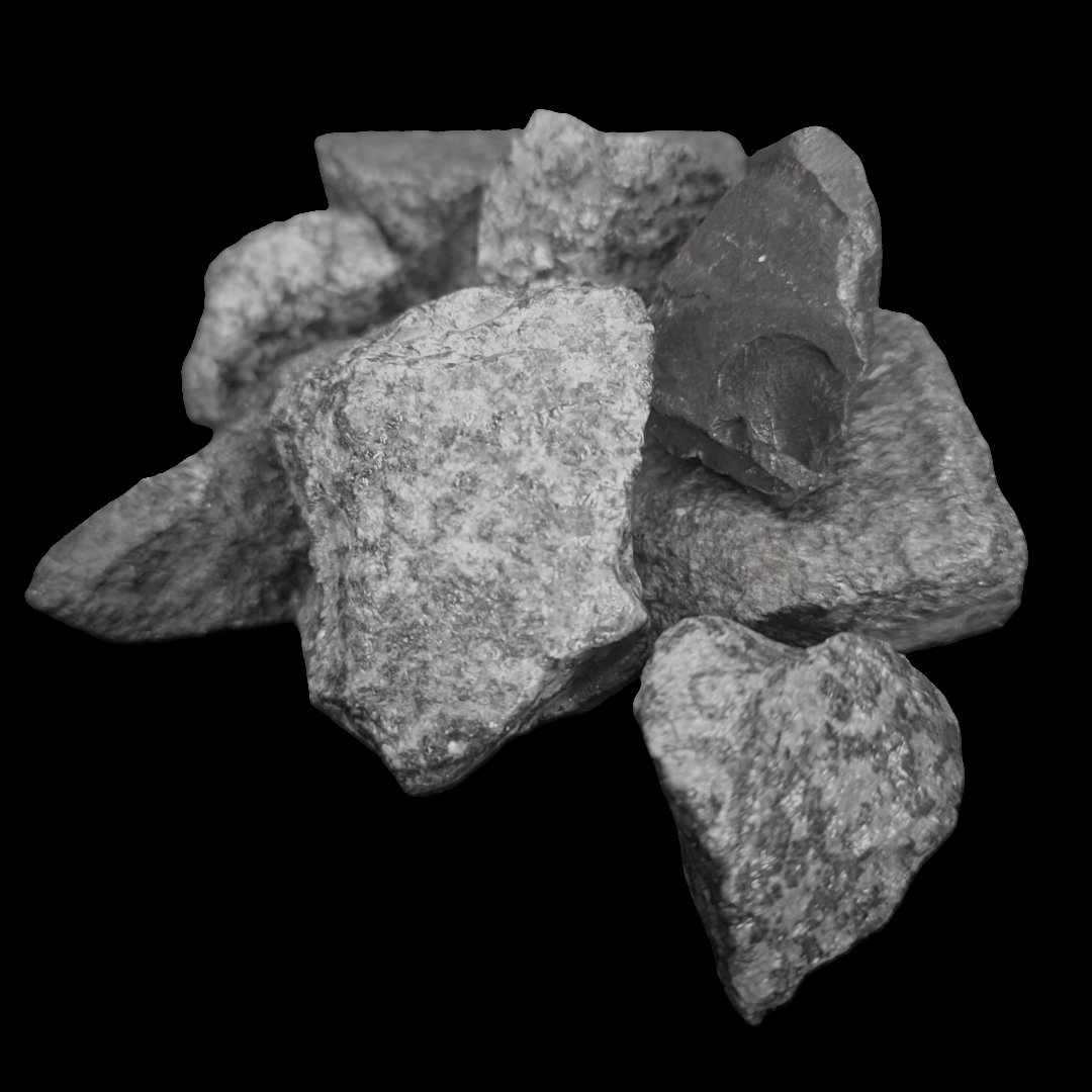 A black and white photo of a pile of rocks on a black background.