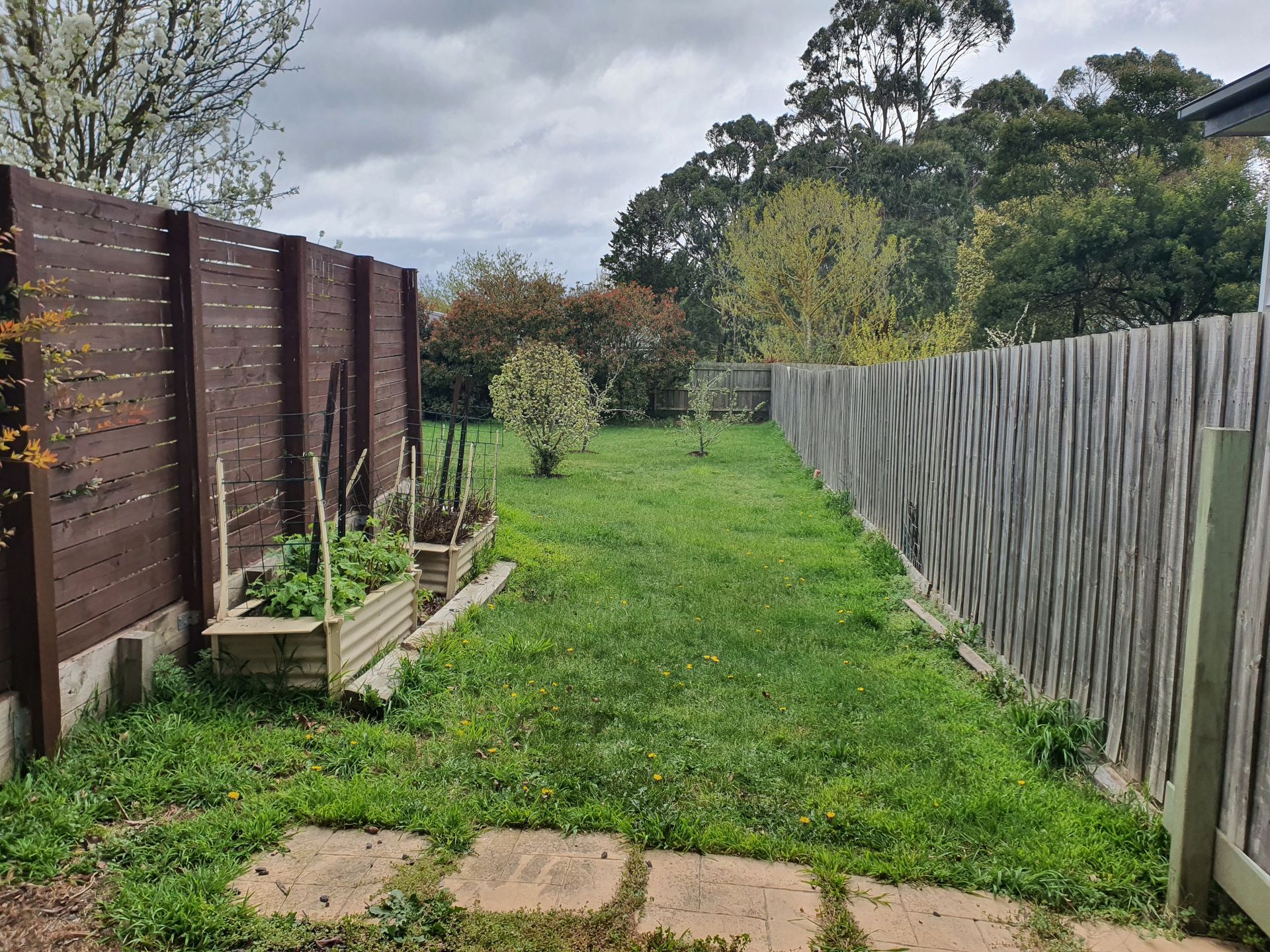 Backyard with wooden fences, green grass, stepping stones, and trees under a cloudy sky — JKR Garden Maintenance Services in Ballan, VIC