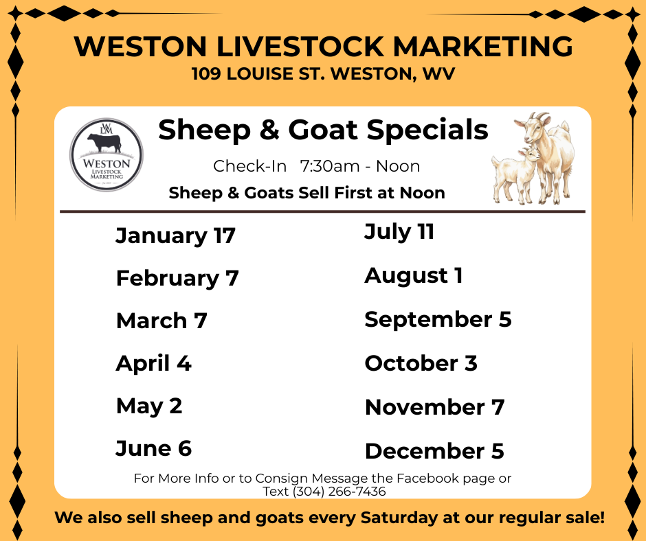 Flyer for Weston Livestock Marketing listing sheep and goat sale dates: Jan 17 to Dec 5, check-in 7:30am-noon.