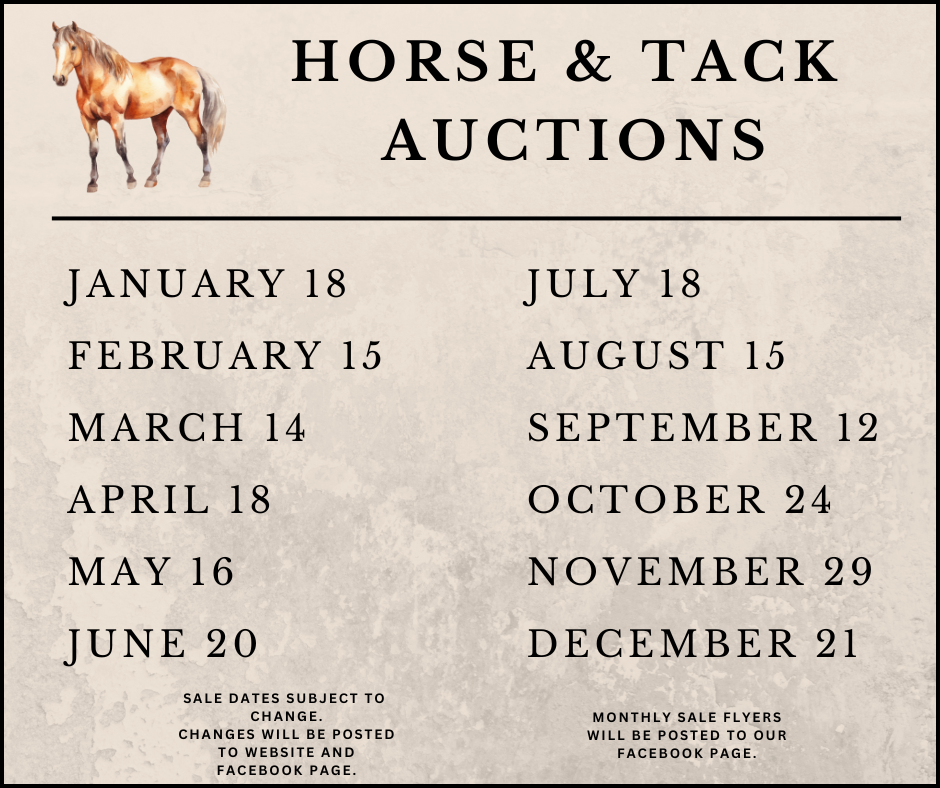 Calendar showing horse and tack auction dates: January 18 to December 21. Horse illustration at the top.