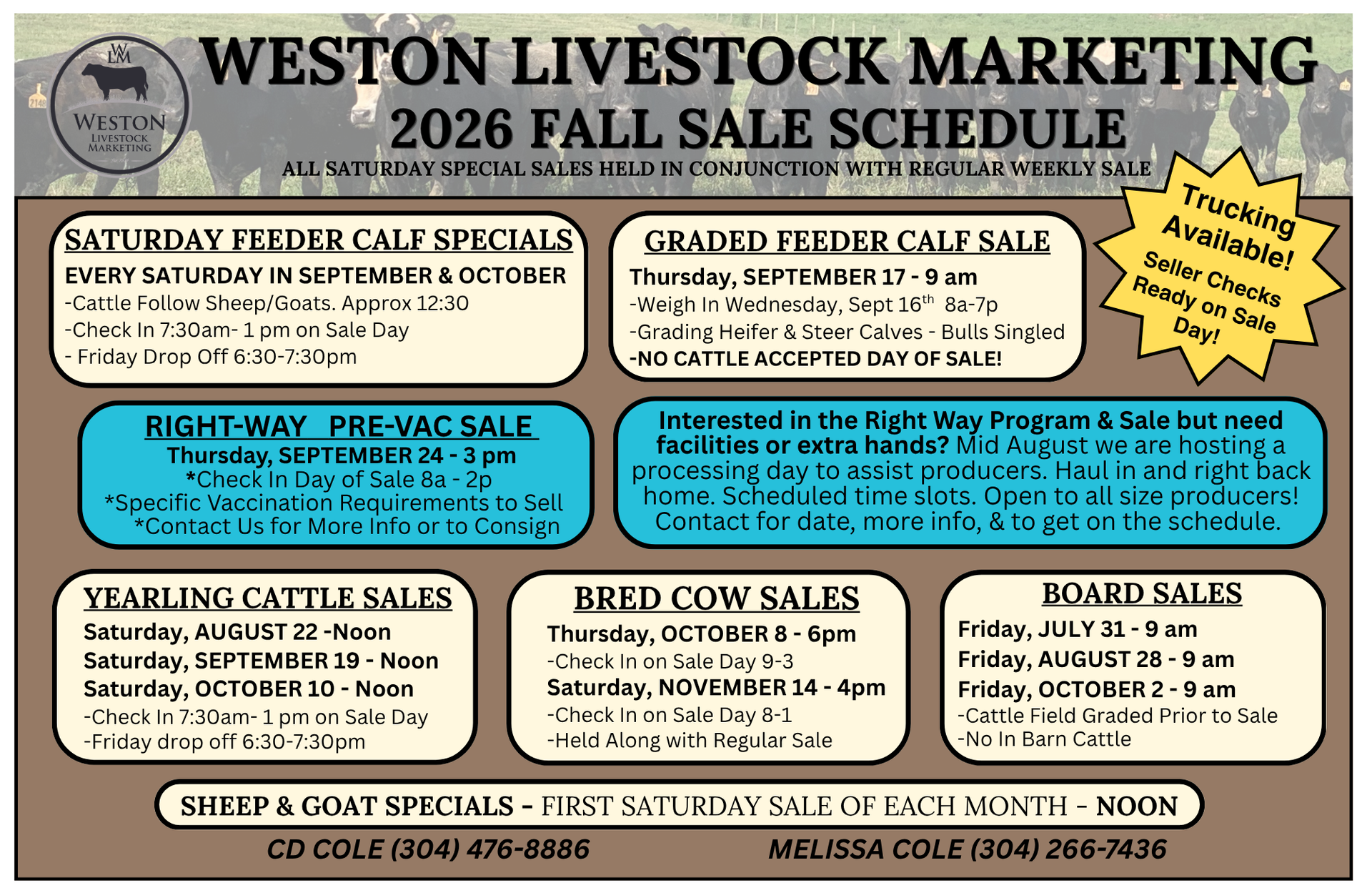 Advertisement for Weston Livestock Marketing, listing livestock sale dates and contact information.