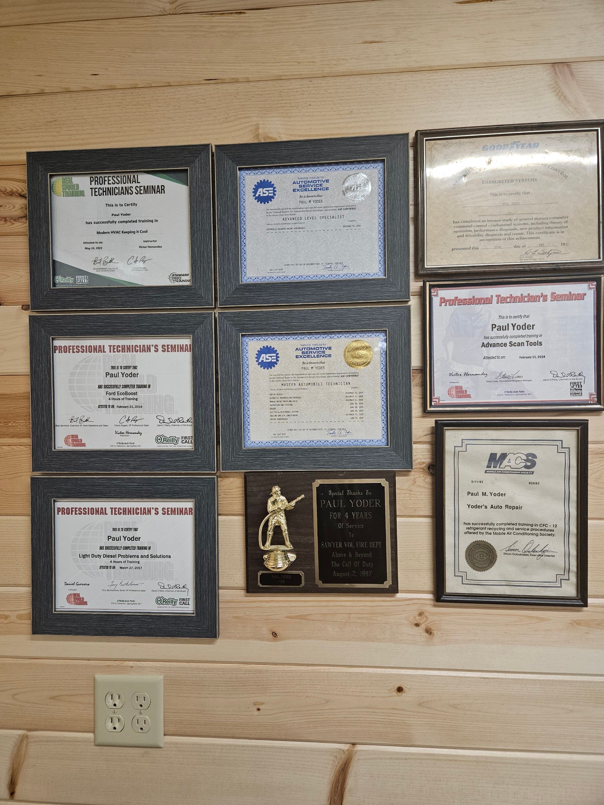 Automotive Certifications And Industry Awards Displayed On The Shop Wall | Yoder's Auto Repair