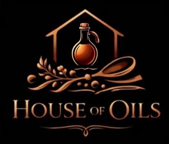 House of Oils logo with orange oil bottle, decorative leaves, and text on a black background