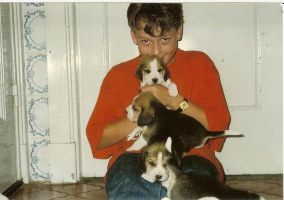 Alexander met de puppies uit hun Beagle nest