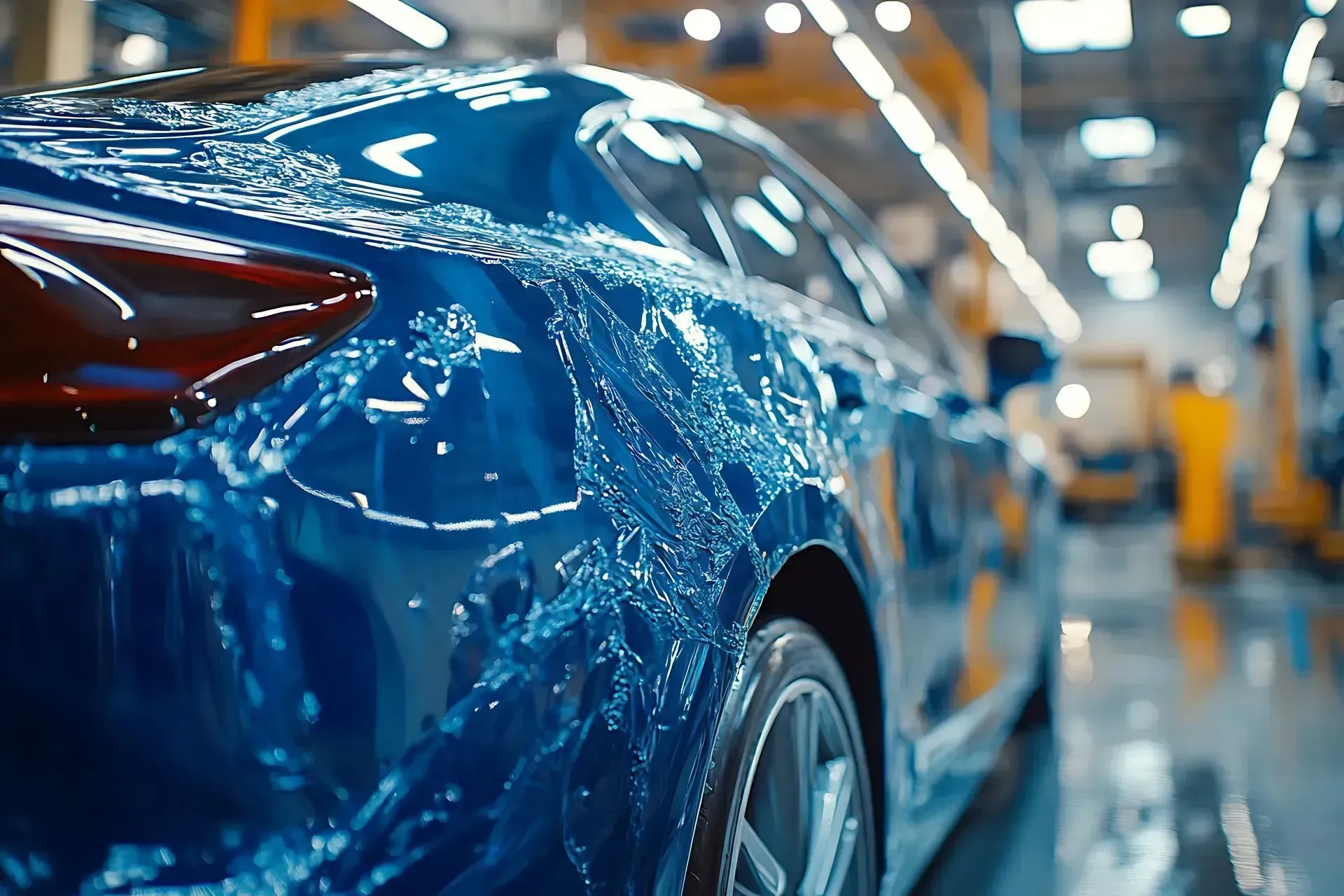Blue car in a factory, shiny paint, close-up of side panel and wheel.