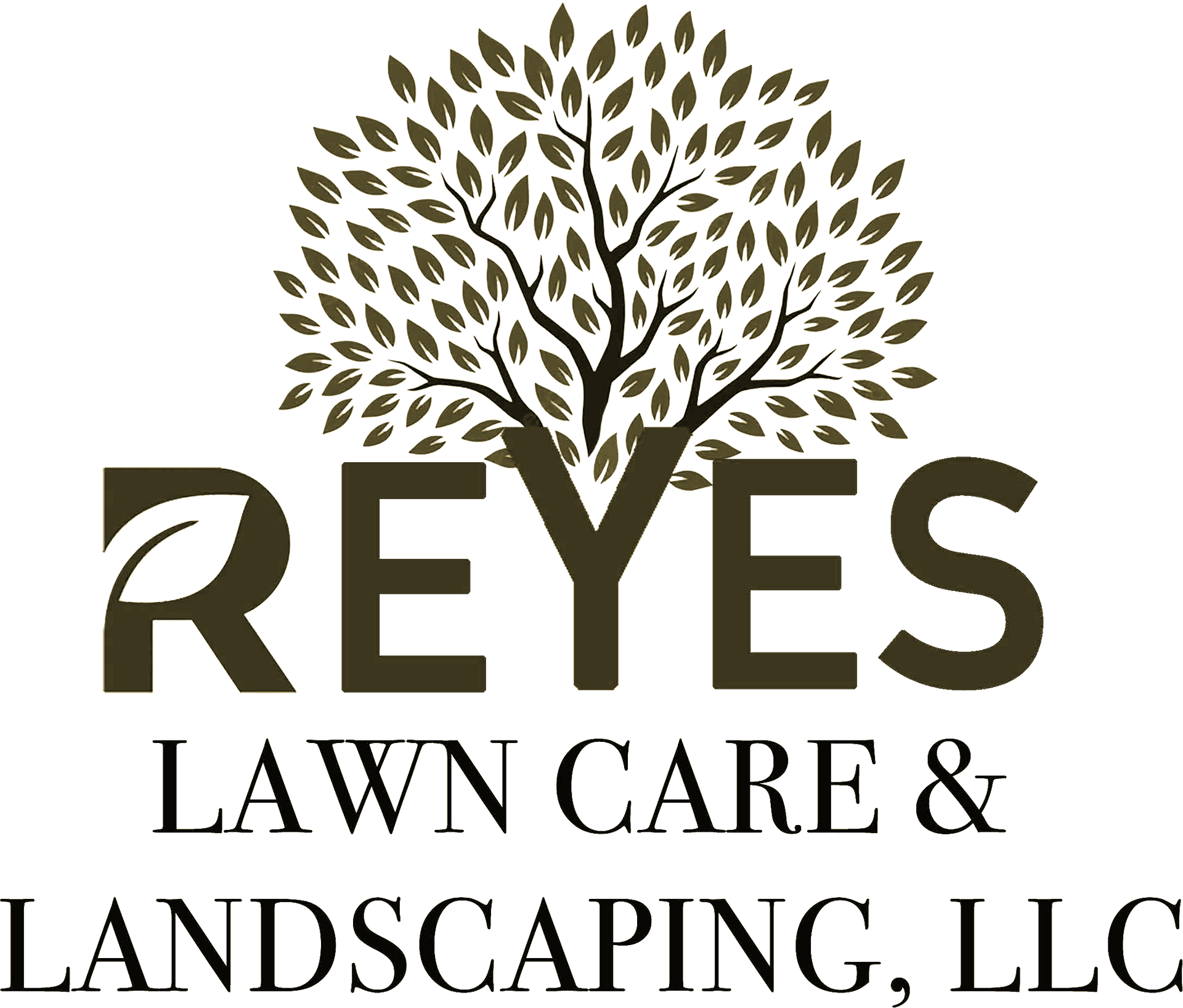 The logo for reyes lawn care and landscaping , llc shows a tree with leaves.