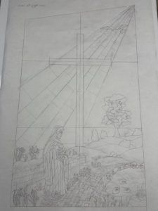 A pencil sketch showing a robed figure standing before a large cross in a landscape with rays of light from above.