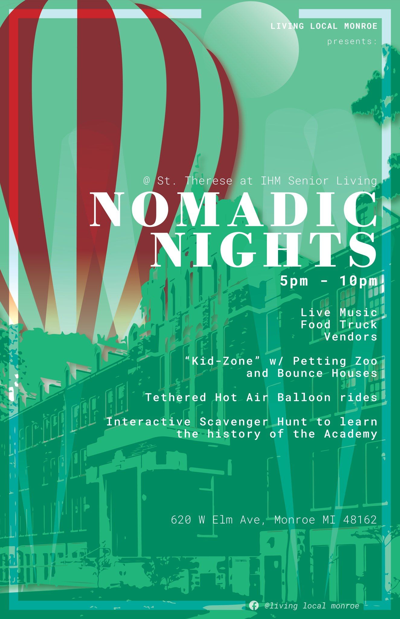 A green, red, and white event flyer titled