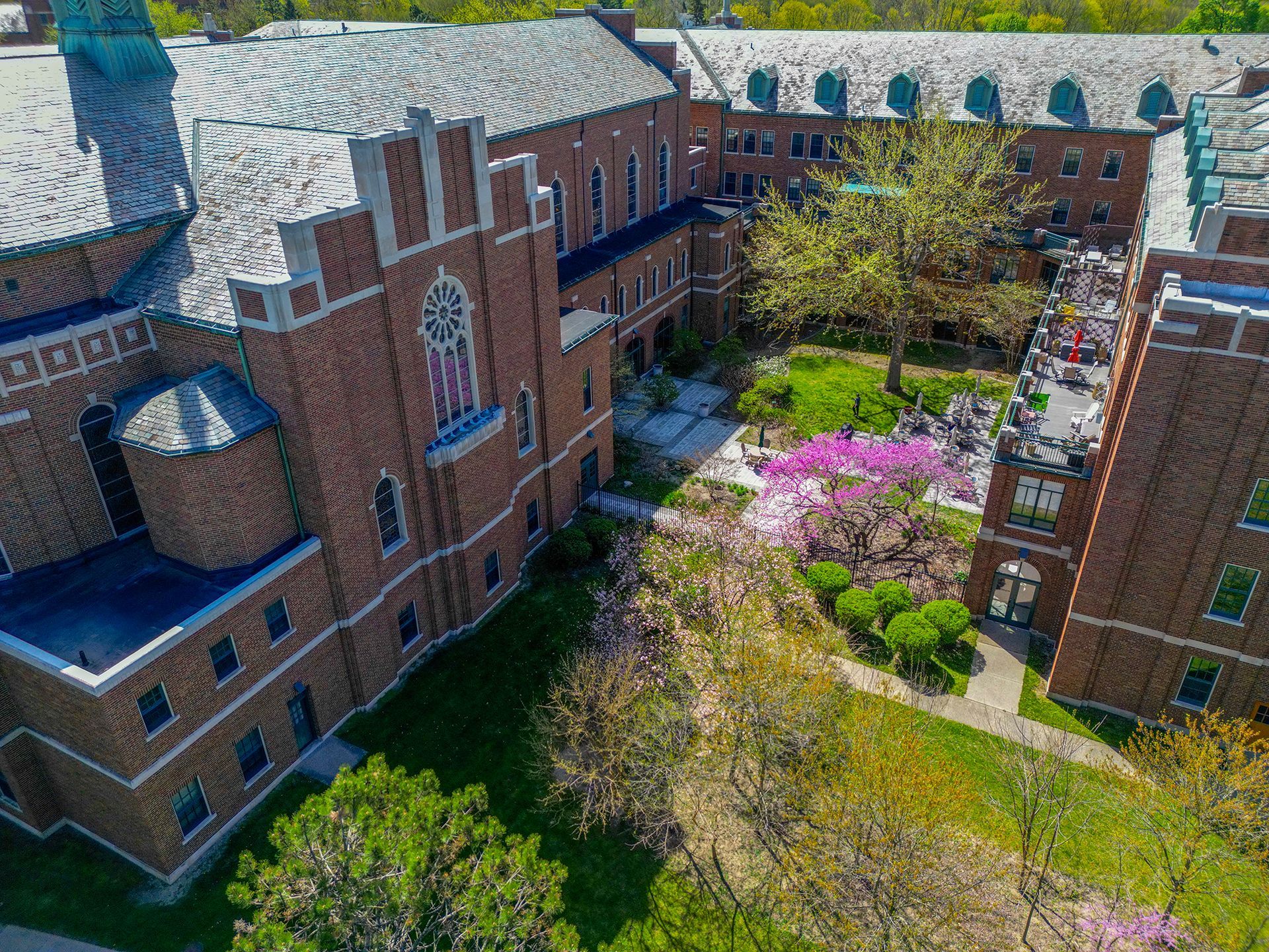Brick campus courtyard with flowering trees, green lawn, and surrounding buildings