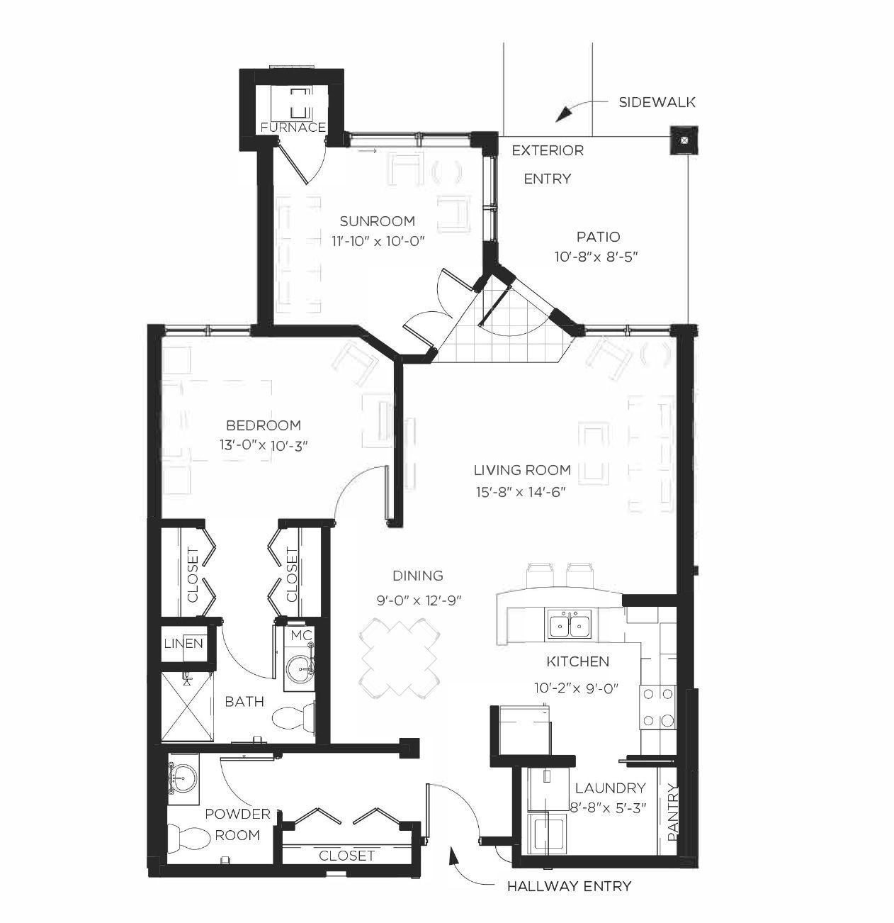 Floor plan of a one-bedroom apartment with a sunroom, living room, kitchen, and bathroom.