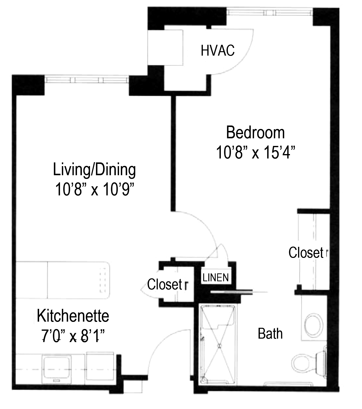 Floor plan of a one-bedroom apartment with a kitchenette, living/dining area, bathroom, and storage closets.