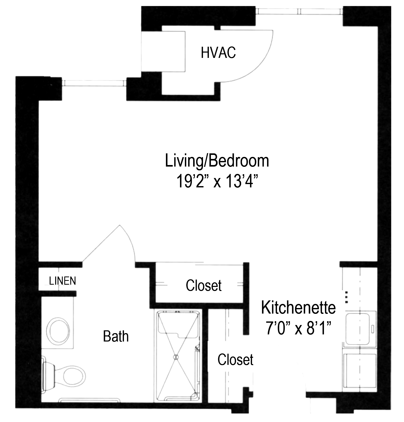 Floor plan of a studio apartment with a main living area, kitchenette, bathroom with a shower, and two closets.