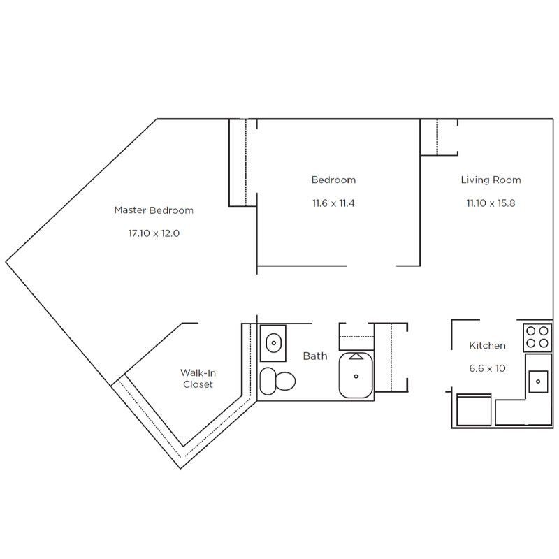 Floor plan of a two-bedroom, one-bathroom apartment with a kitchen, living room, and walk-in closet.