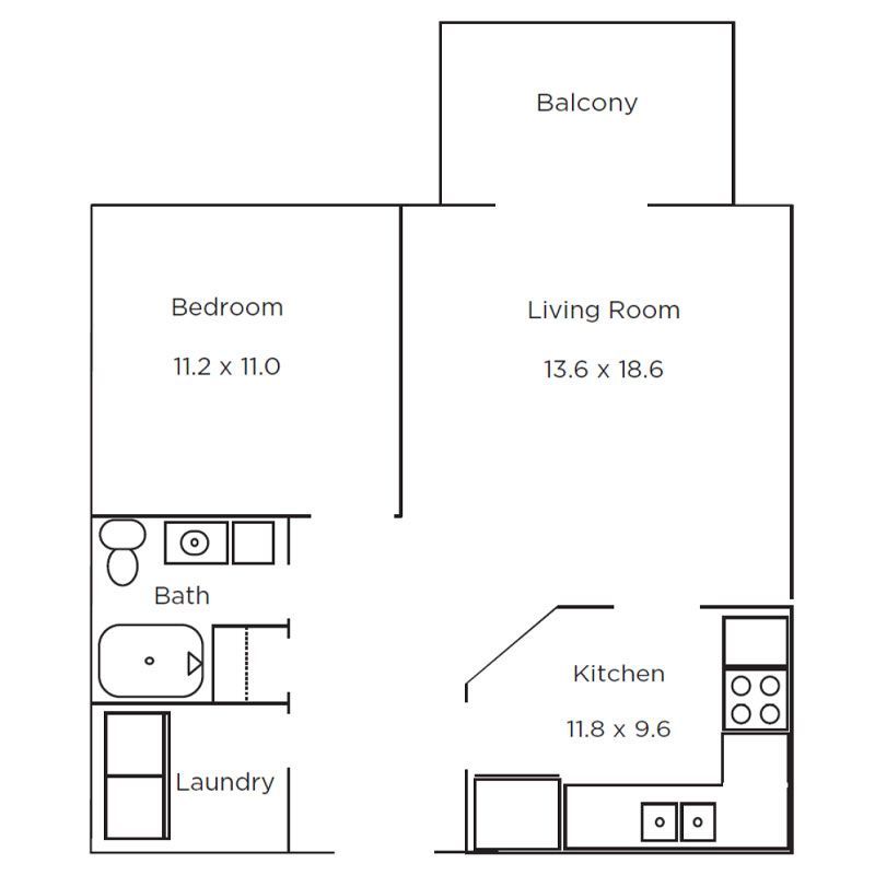 Floor plan of a one-bedroom apartment showing a bedroom, living room with balcony, kitchen, bath, and laundry area.